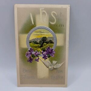 Vintage 1909 Easter Postcard Davidson‎ Bros Violets Dove IHS Cross 2194